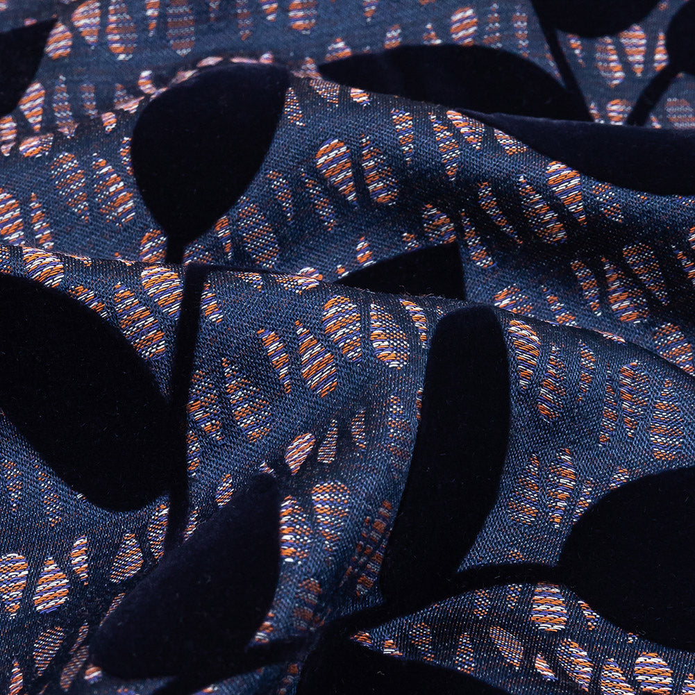 Navy Flocked Leafy Vines on Lilac, Orange and Blue Striped Teardrops Cotton and Polyester Jacquard