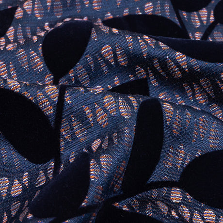 Navy Flocked Leafy Vines on Lilac, Orange and Blue Striped Teardrops Cotton and Polyester Jacquard