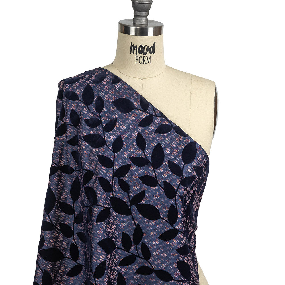 Navy Flocked Leafy Vines on Lilac, Orange and Blue Striped Teardrops Cotton and Polyester Jacquard