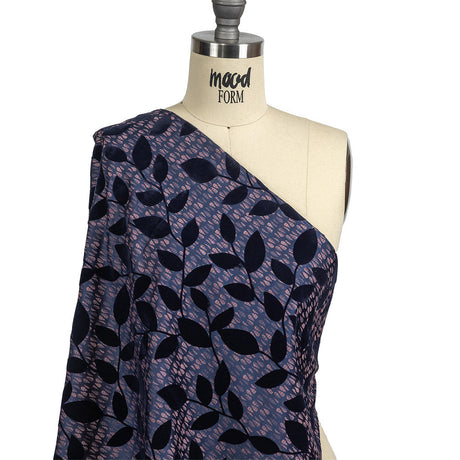 Navy Flocked Leafy Vines on Lilac, Orange and Blue Striped Teardrops Cotton and Polyester Jacquard