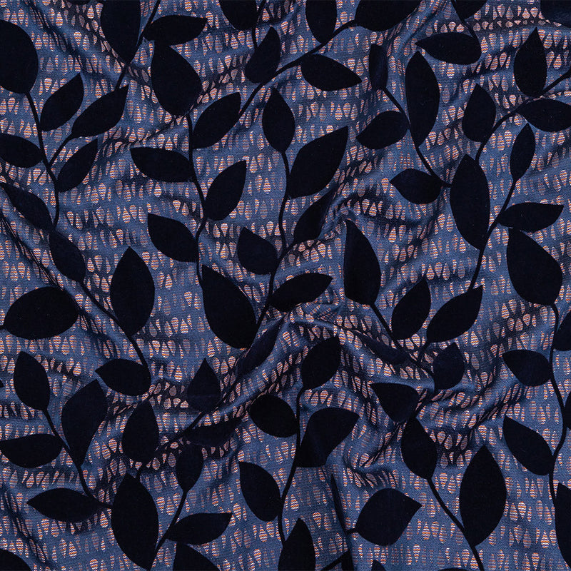Navy Flocked Leafy Vines on Lilac, Orange and Blue Striped Teardrops Cotton and Polyester Jacquard