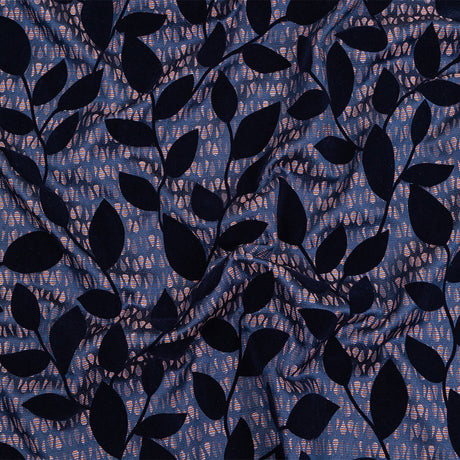 Navy Flocked Leafy Vines on Lilac, Orange and Blue Striped Teardrops Cotton and Polyester Jacquard