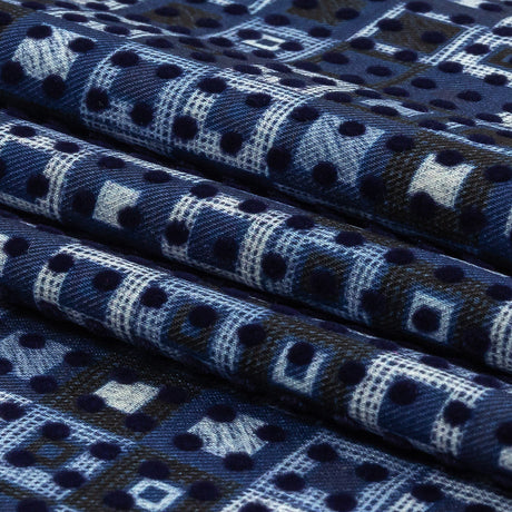 Navy Flocked Polka Dots on White, Twilight Blue and Maritime Blue Squares Stretch Cotton Twill
