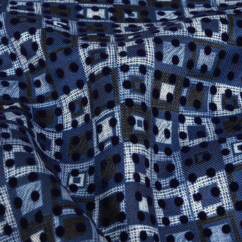 Navy Flocked Polka Dots on White, Twilight Blue and Maritime Blue Squares Stretch Cotton Twill