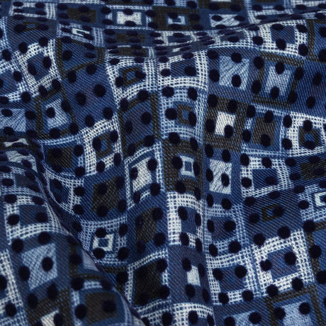 Navy Flocked Polka Dots on White, Twilight Blue and Maritime Blue Squares Stretch Cotton Twill