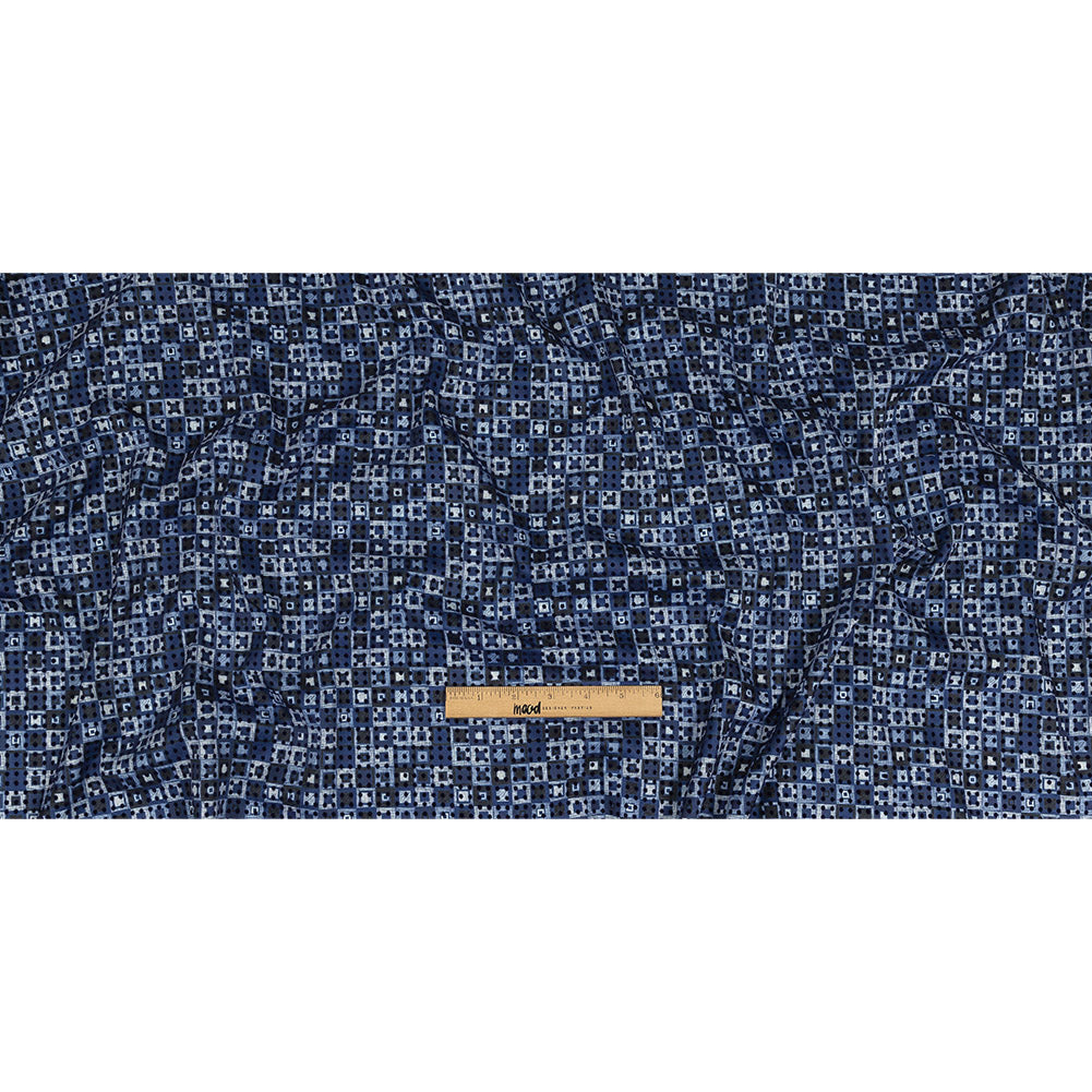Navy Flocked Polka Dots on White, Twilight Blue and Maritime Blue Squares Stretch Cotton Twill
