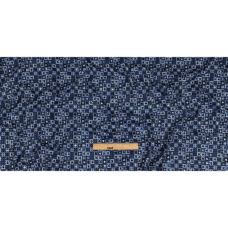 Navy Flocked Polka Dots on White, Twilight Blue and Maritime Blue Squares Stretch Cotton Twill