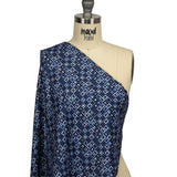 Navy Flocked Polka Dots on White, Twilight Blue and Maritime Blue Squares Stretch Cotton Twill