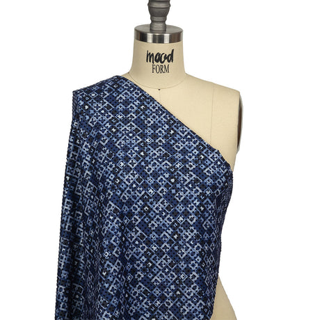 Navy Flocked Polka Dots on White, Twilight Blue and Maritime Blue Squares Stretch Cotton Twill