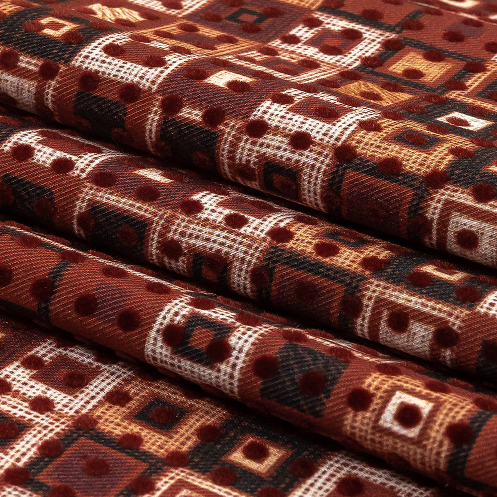 Burgundy Flocked Polka Dots on Russet Brown, Yellow and Black Bean Squares Stretch Cotton Twill
