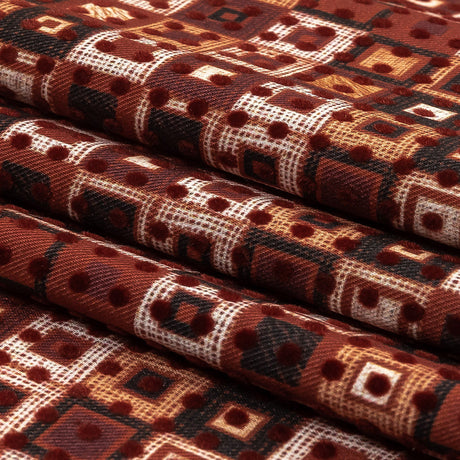 Burgundy Flocked Polka Dots on Russet Brown, Yellow and Black Bean Squares Stretch Cotton Twill
