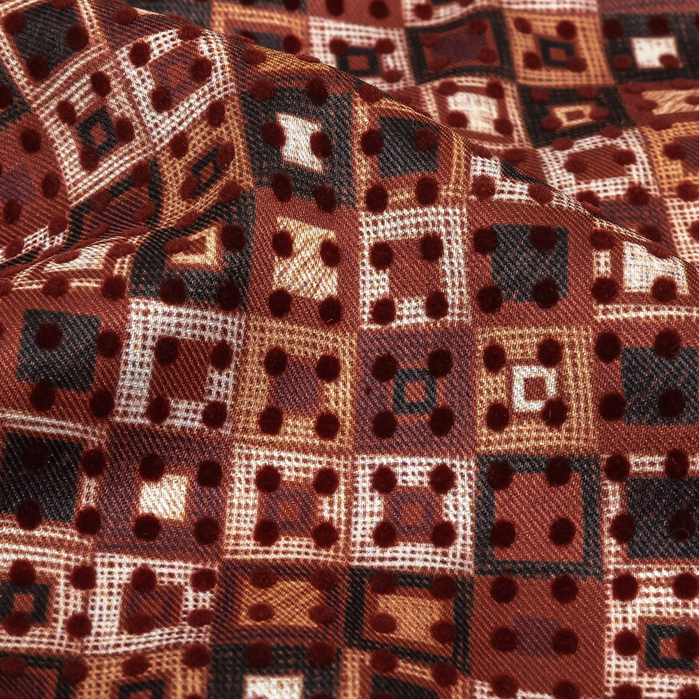 Burgundy Flocked Polka Dots on Russet Brown, Yellow and Black Bean Squares Stretch Cotton Twill