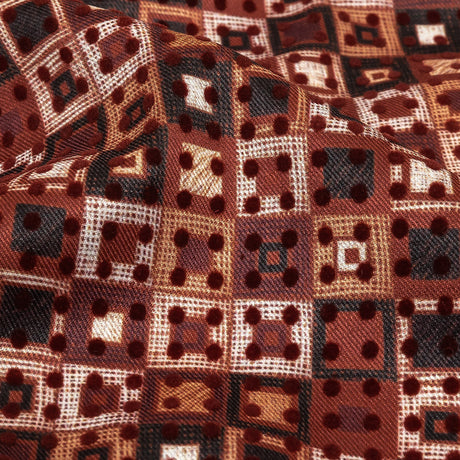 Burgundy Flocked Polka Dots on Russet Brown, Yellow and Black Bean Squares Stretch Cotton Twill