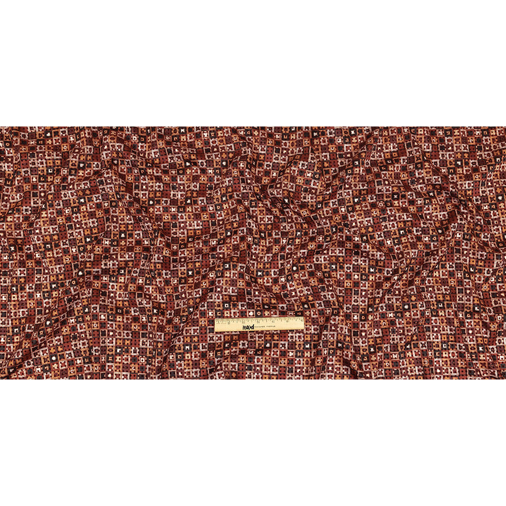 Burgundy Flocked Polka Dots on Russet Brown, Yellow and Black Bean Squares Stretch Cotton Twill