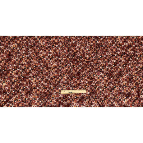 Burgundy Flocked Polka Dots on Russet Brown, Yellow and Black Bean Squares Stretch Cotton Twill