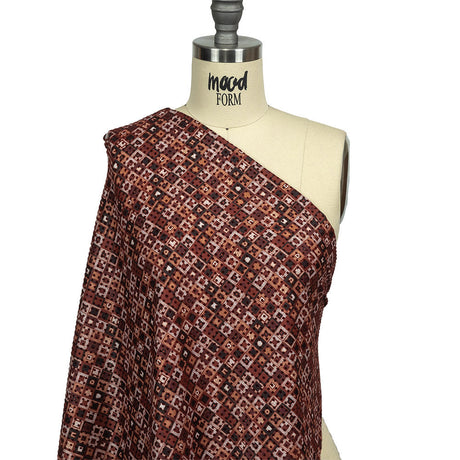 Burgundy Flocked Polka Dots on Russet Brown, Yellow and Black Bean Squares Stretch Cotton Twill