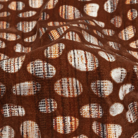 Brown Flocked Bubbles on Brown, Orange and White Distressed Stripes Printed Stretch Cotton Twill