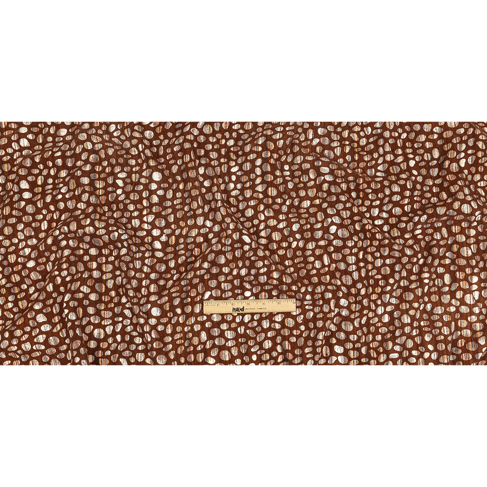 Brown Flocked Bubbles on Brown, Orange and White Distressed Stripes Printed Stretch Cotton Twill