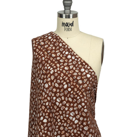 Brown Flocked Bubbles on Brown, Orange and White Distressed Stripes Printed Stretch Cotton Twill