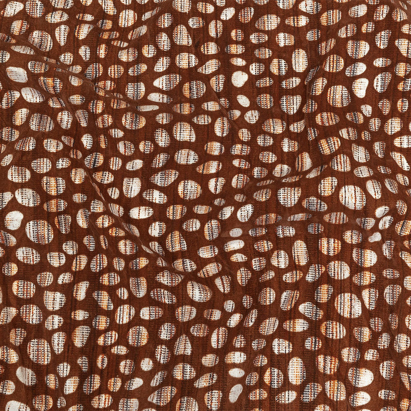 Brown Flocked Bubbles on Brown, Orange and White Distressed Stripes Printed Stretch Cotton Twill