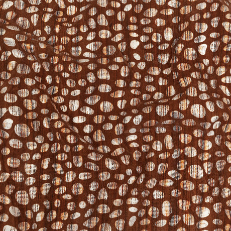Brown Flocked Bubbles on Brown, Orange and White Distressed Stripes Printed Stretch Cotton Twill