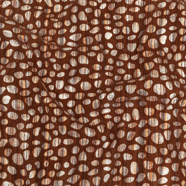 Brown Flocked Bubbles on Brown, Orange and White Distressed Stripes Printed Stretch Cotton Twill