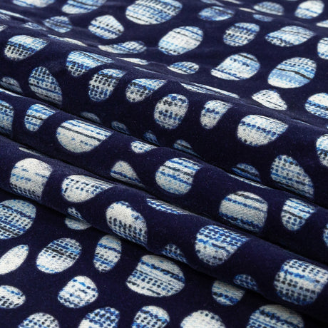 Navy Flocked Bubbles on Blue and White Distressed Stripes Printed Stretch Cotton Twill
