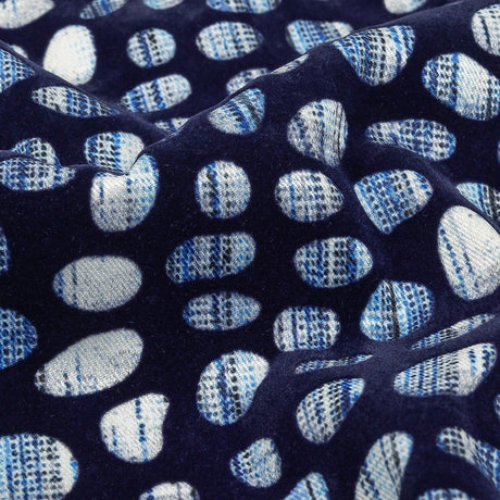 Navy Flocked Bubbles on Blue and White Distressed Stripes Printed Stretch Cotton Twill