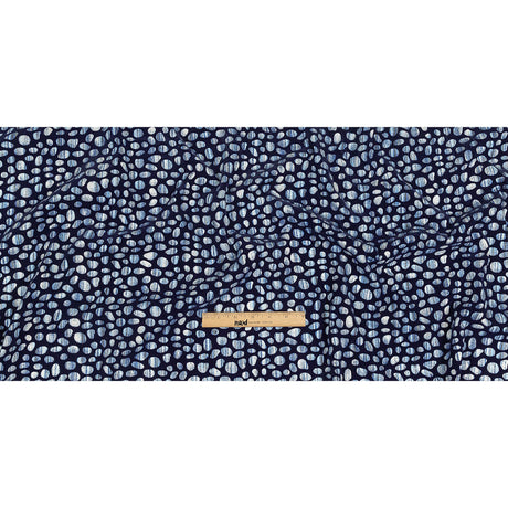 Navy Flocked Bubbles on Blue and White Distressed Stripes Printed Stretch Cotton Twill