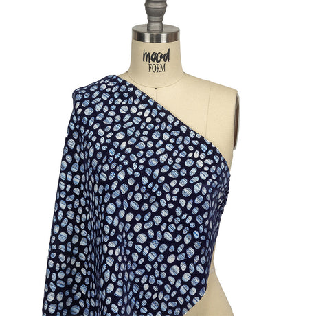 Navy Flocked Bubbles on Blue and White Distressed Stripes Printed Stretch Cotton Twill