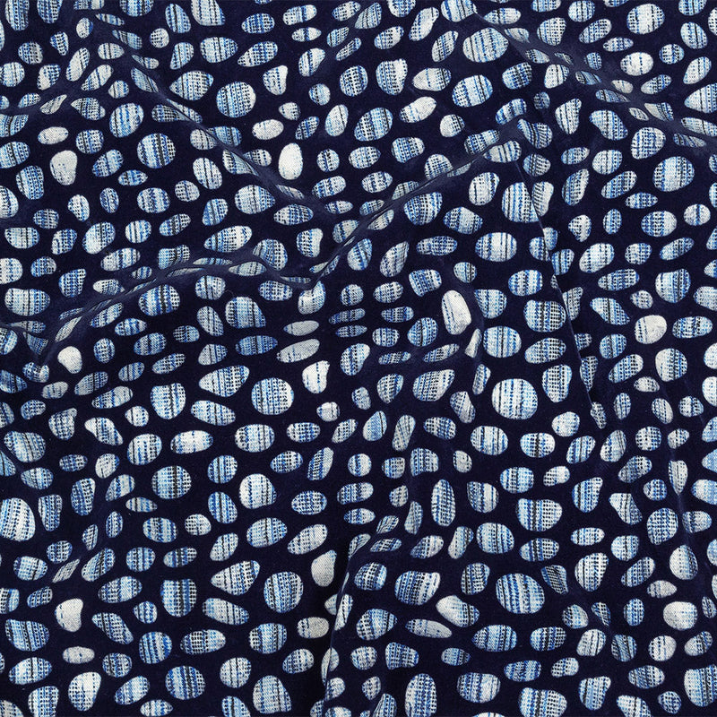 Navy Flocked Bubbles on Blue and White Distressed Stripes Printed Stretch Cotton Twill