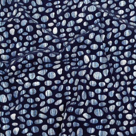 Navy Flocked Bubbles on Blue and White Distressed Stripes Printed Stretch Cotton Twill