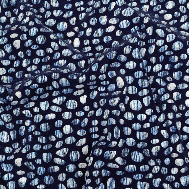 Navy Flocked Bubbles on Blue and White Distressed Stripes Printed Stretch Cotton Twill