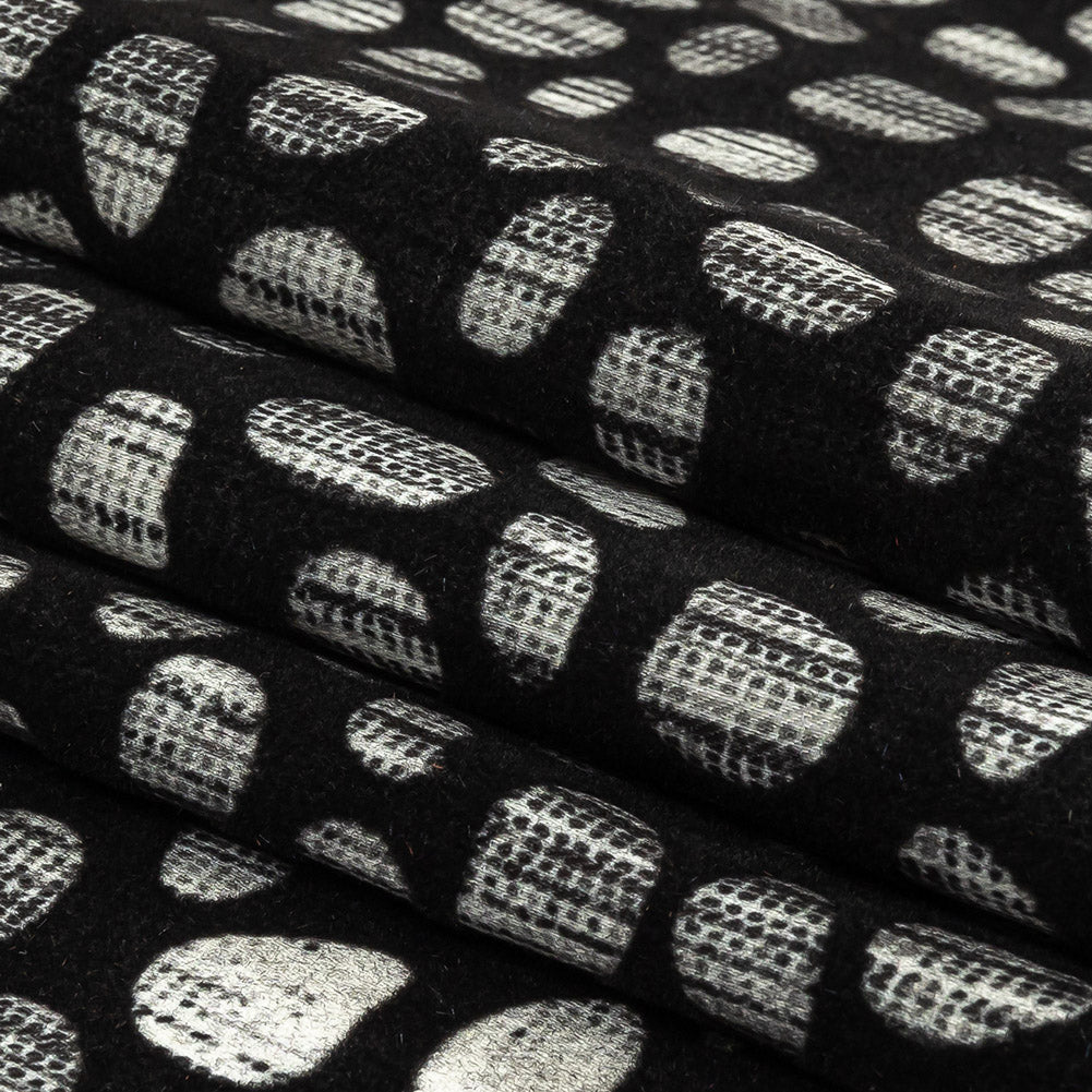 Black Flocked Bubbles on Black and Graphite Distressed Stripes Printed Stretch Cotton Twill