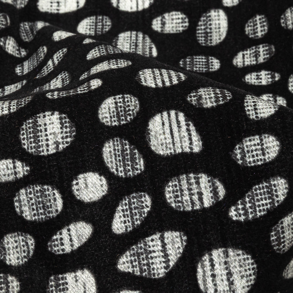 Black Flocked Bubbles on Black and Graphite Distressed Stripes Printed Stretch Cotton Twill