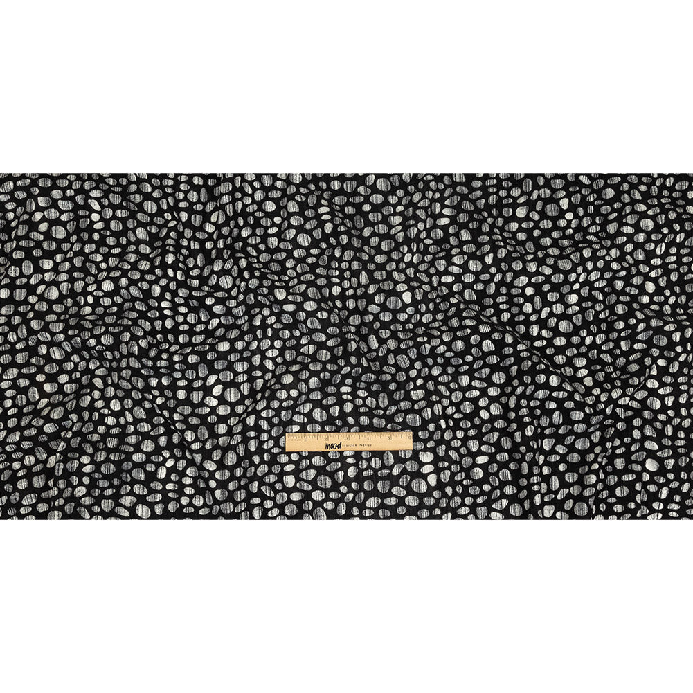 Black Flocked Bubbles on Black and Graphite Distressed Stripes Printed Stretch Cotton Twill