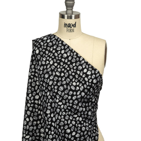 Black Flocked Bubbles on Black and Graphite Distressed Stripes Printed Stretch Cotton Twill