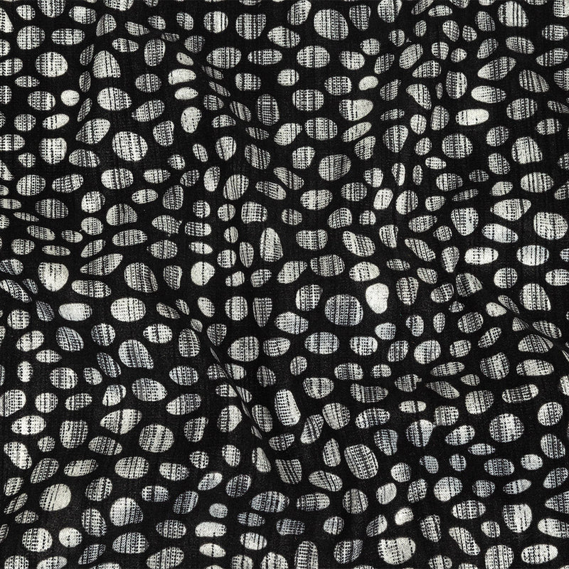 Black Flocked Bubbles on Black and Graphite Distressed Stripes Printed Stretch Cotton Twill