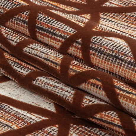 Brown Flocked Geometric Web on Brown, Orange and White Distressed Stripes Stretch Cotton Twill