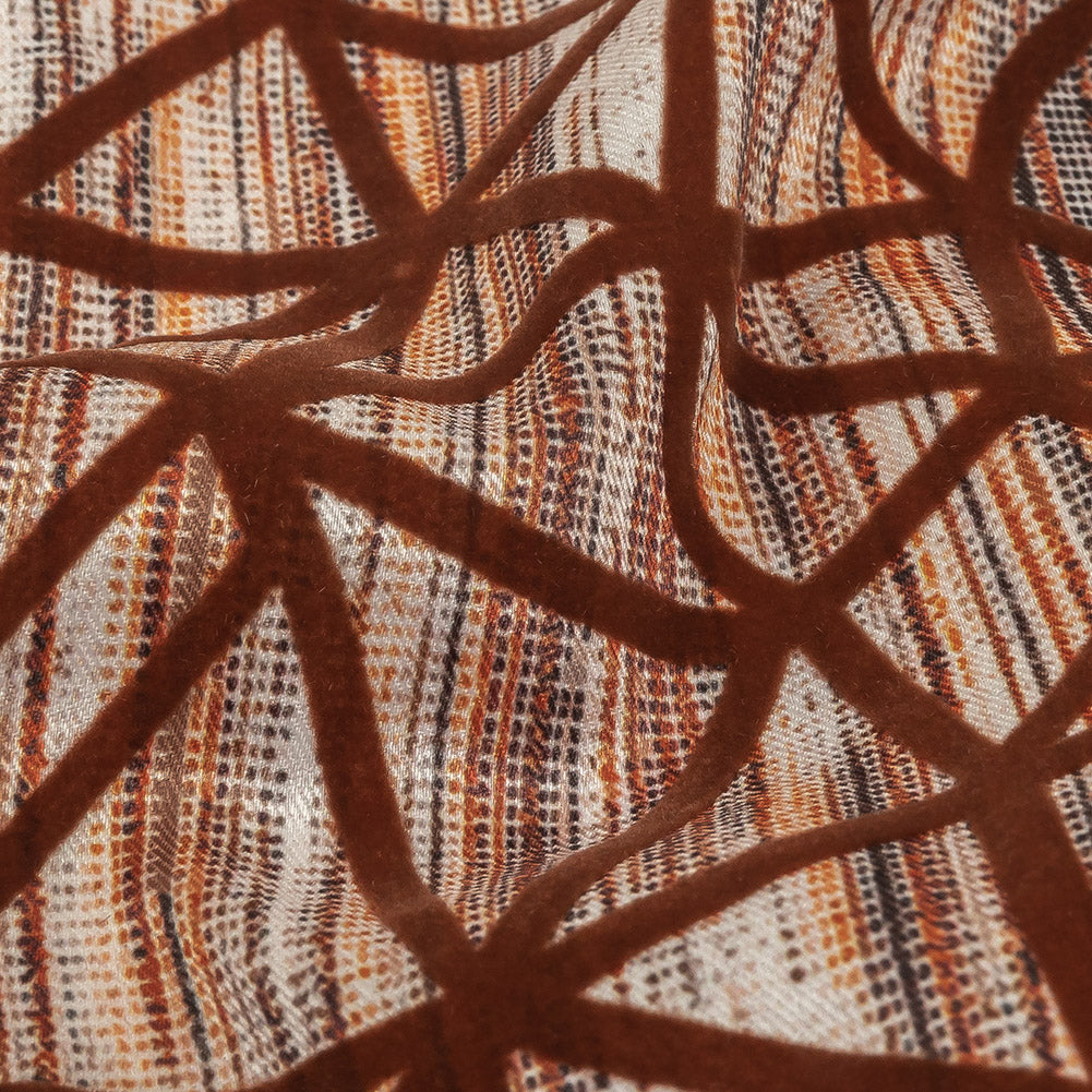 Brown Flocked Geometric Web on Brown, Orange and White Distressed Stripes Stretch Cotton Twill