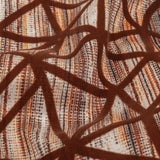 Brown Flocked Geometric Web on Brown, Orange and White Distressed Stripes Stretch Cotton Twill
