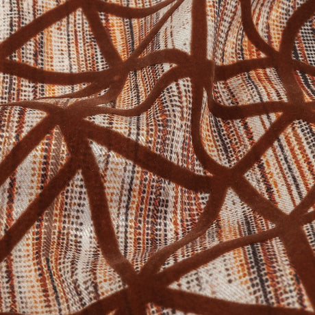 Brown Flocked Geometric Web on Brown, Orange and White Distressed Stripes Stretch Cotton Twill