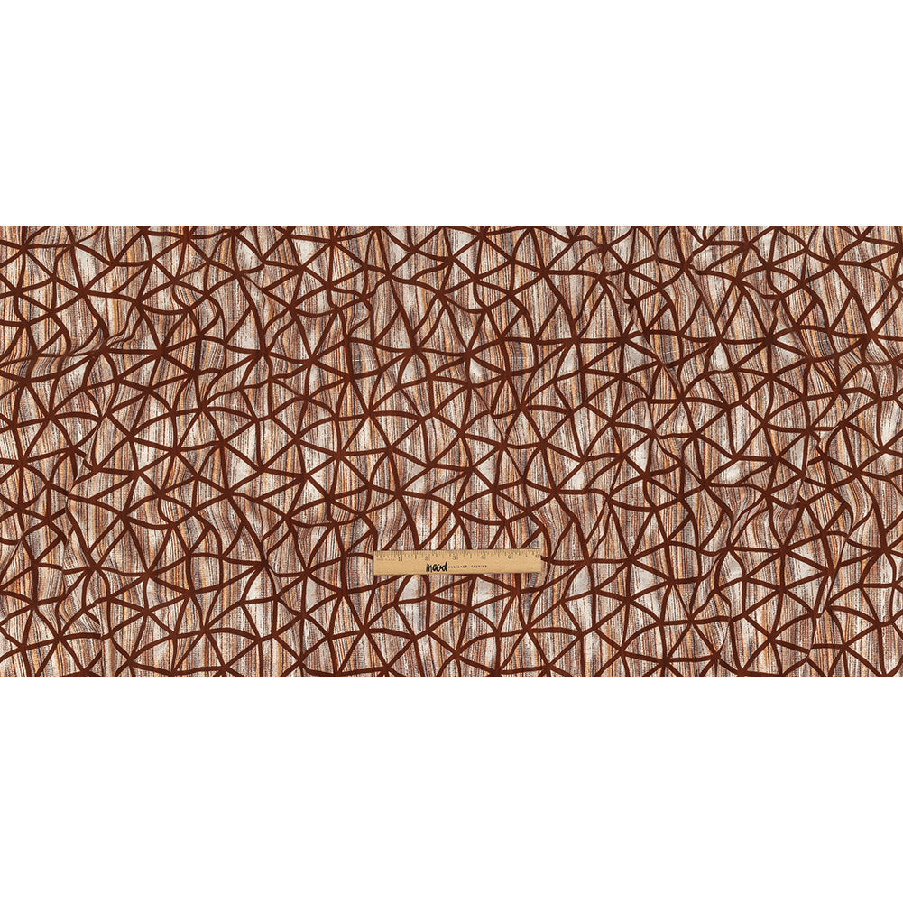Brown Flocked Geometric Web on Brown, Orange and White Distressed Stripes Stretch Cotton Twill