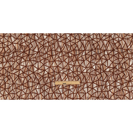 Brown Flocked Geometric Web on Brown, Orange and White Distressed Stripes Stretch Cotton Twill