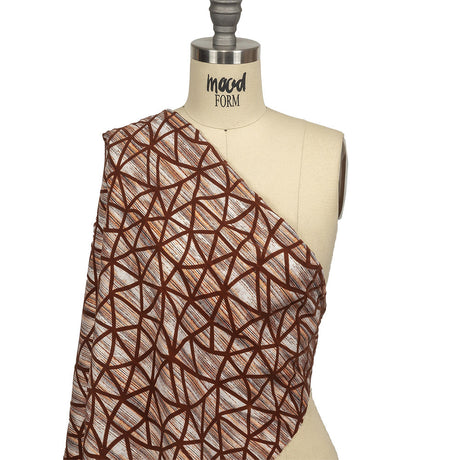 Brown Flocked Geometric Web on Brown, Orange and White Distressed Stripes Stretch Cotton Twill