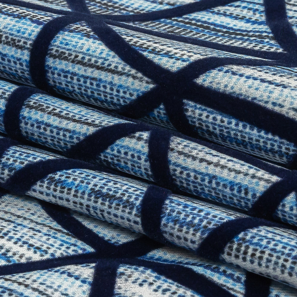 Navy Flocked Geometric Web on Blue and White Distressed Stripes Stretch Cotton Twill