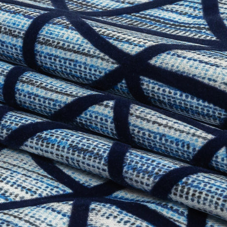 Navy Flocked Geometric Web on Blue and White Distressed Stripes Stretch Cotton Twill