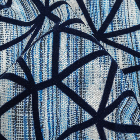 Navy Flocked Geometric Web on Blue and White Distressed Stripes Stretch Cotton Twill