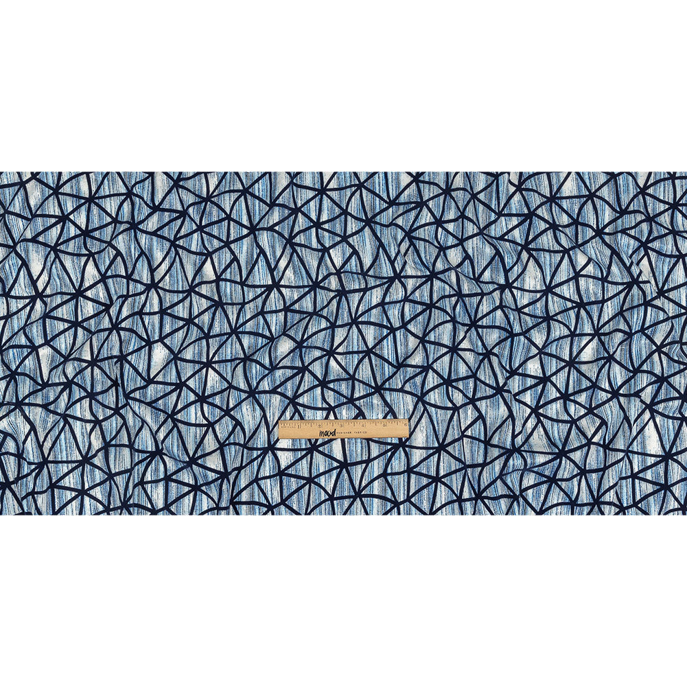 Navy Flocked Geometric Web on Blue and White Distressed Stripes Stretch Cotton Twill