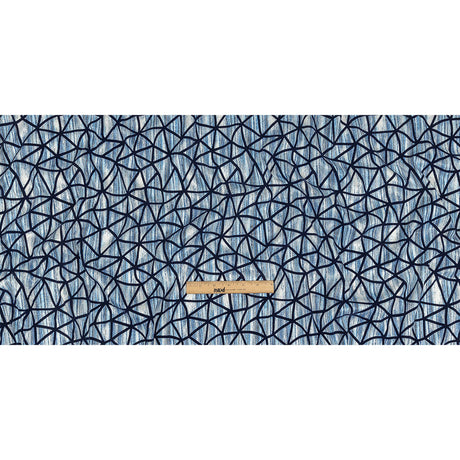 Navy Flocked Geometric Web on Blue and White Distressed Stripes Stretch Cotton Twill
